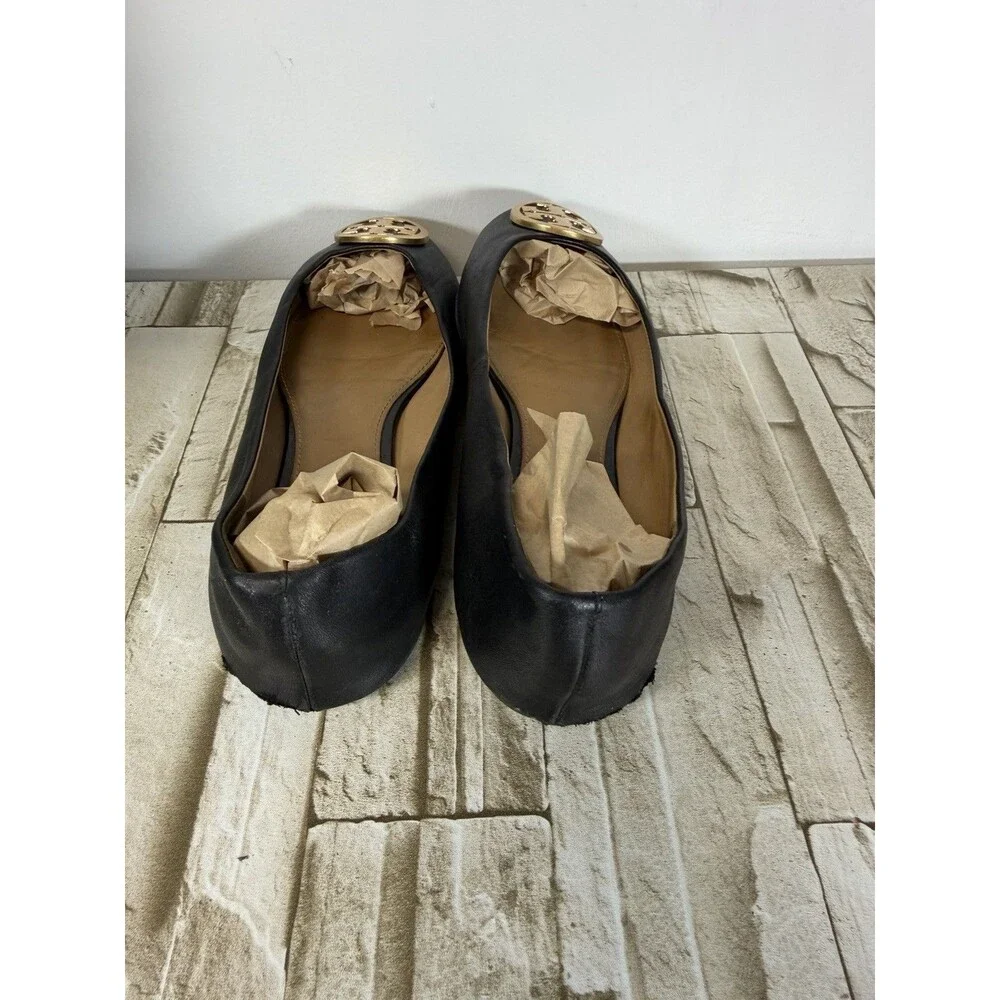 Tory Burch  Women’s  Shoe Minnie Metal Logo Flats  Leather Black Sz 9
